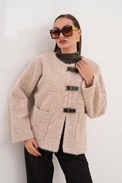 Flame İstanbul Butik Double Pocket Leather Buckle Detailed Beige Jacket Srp10...