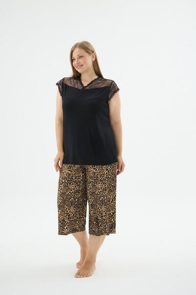 Sevim Дамски комплект пижама с дантелени детайли, черно леопардово принт, размер плюс C4T2N371