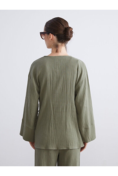 LC Waikiki Khaki Double-Breasted Collar Textured Muslin Women's Kimono