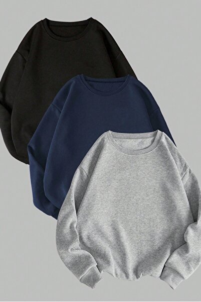 MODAGEN Unisex 3'lü Lacivert Gri Siyah Bisiklet Yaka Oversize Sweatshirt