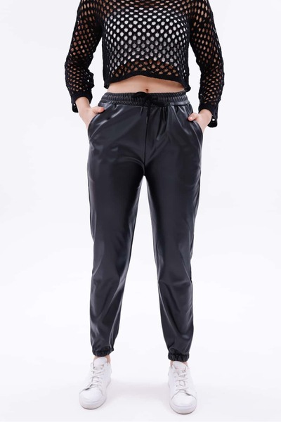 Pulli Collection Black Leather Elastic Women's Jogger Pants