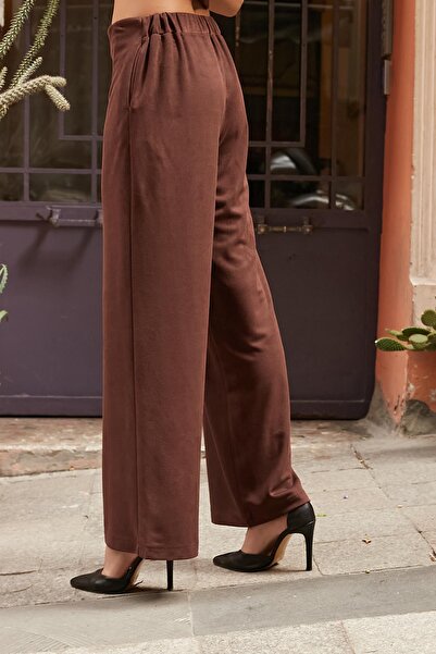 Jument Women's Suede Textured Fabric High Waist Side Pockets Elastic Waist Wide Leg Palazzo Pants-Brown