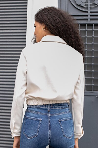 Jument Women's Lightweight Lycra Suede Fabric Collared Zippered Short Jacket with Elastic Back and Pockets - Champagne