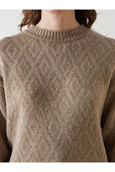 LC Waikiki LCWAIKIKI Classic Bej Bisiklet Yaka Baklava Desenli Kadın Triko Kazak