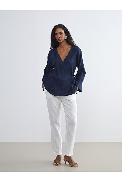 LC Waikiki Γυναικείο κιμονό με διπλό γιακά με υφή μουσελίνας LCW VisionIndigo