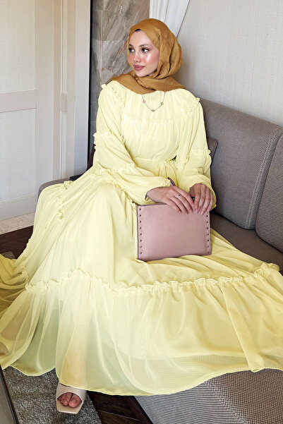 zhrcelebi Şifon Fırfırlı Elbise 9886 - SARI