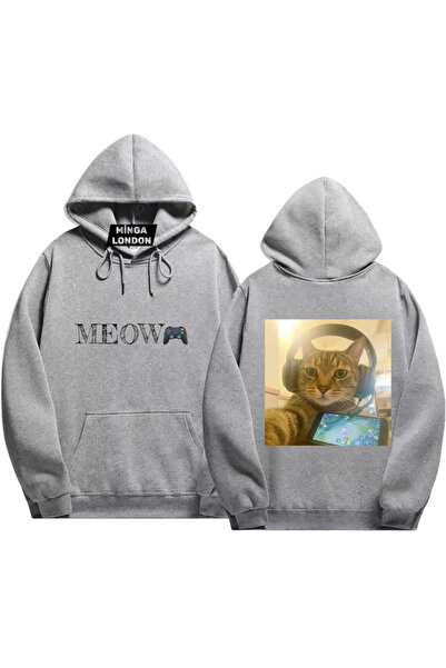 Minga London Tabletă unisex gri Meow față - spate cu imprimeu Swea tricou -Mi...