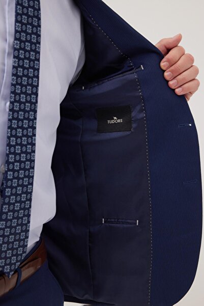 Tudors Erkek Slim Fit Mono Yaka Likralı Esnek Kumaş Koyu Lacivert Takım Elbise
