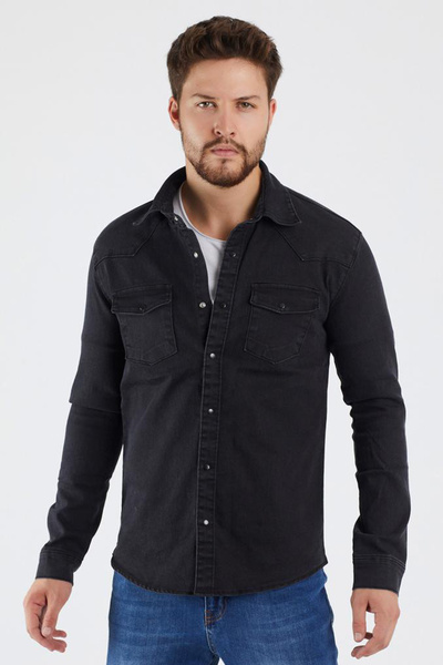 e-Fendi Erkek Siyah Uzun Kollu Çıtçıtlı Çift Cep Çift Kapaklı Likralı Esnek Denim Görünümlü Gabardin Gömlek