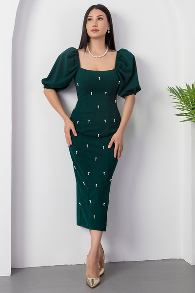 PULLIMM Φόρεμα με τετράγωνο λαιμόκοψη με μανίκια με χάντρες GRS3622