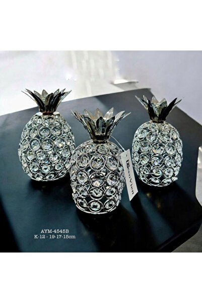 Lunara Kristal Taşlı 3 Boy Dekoratif Metal Ananas Süs 12-17-19cm