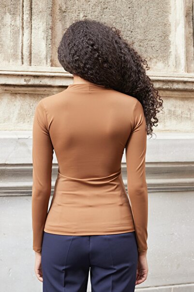 Jument Women's Lightweight Shiny Stylish Flexible Fabric V-Neck Gathered Front Long Sleeve Blouse with Accessories - Brown