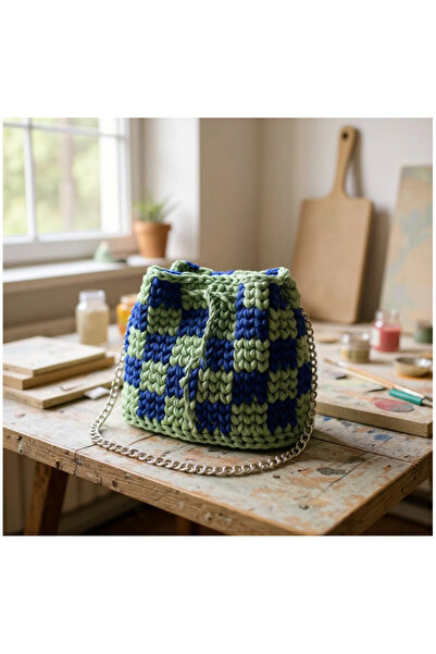 maia Green Navy Blue Hand Knitted Shoulder Bag with Color Block Chain Straps ...