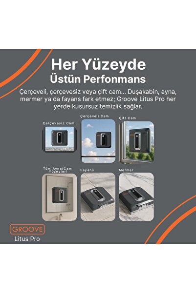 Groove Litus Pro Akıllı Uygulama Kontrollü Cam Temizleme Silme Robotu +Yapay Zeka Desteği+Ultra Sess