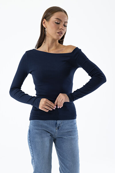 GİYSA Women's Asymmetrical Collar Long Sleeve Basic Blouse Navy Blue - Ms0001283