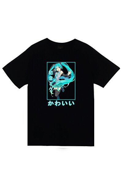 fame-stoned Tricou unisex 100% bumbac negru cu imprimeu anime Hatsune Miku