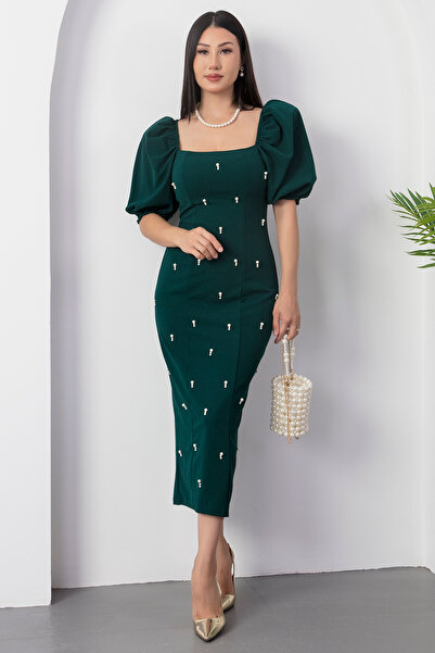 PULLIMM Φόρεμα με τετράγωνο λαιμόκοψη με μανίκια με χάντρες GRS3622