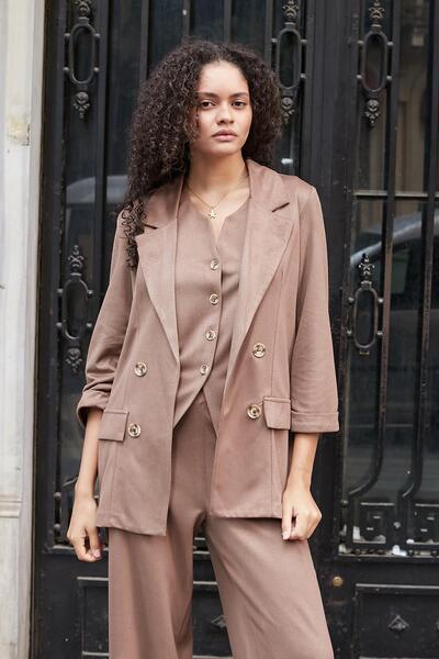 Jument Women's Suede Textured Fabric Collar Capri Sleeve Pocket Flap Blazer Jacket-Mink