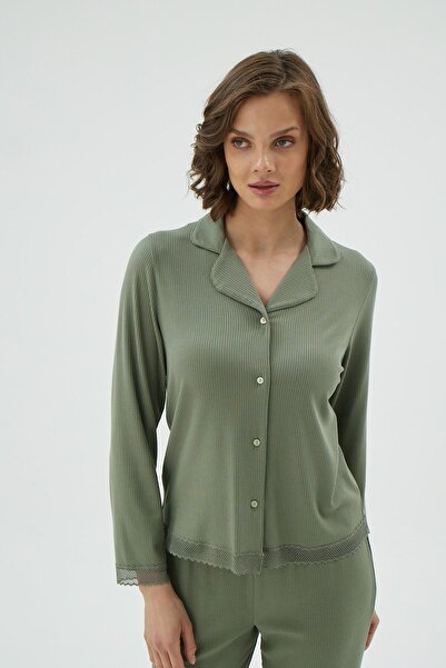 Sevim Жіночий зелений сорочковий комір на ґудзиках з мереживними деталями, піжамний комплект з довгими рукавами C4T1N171