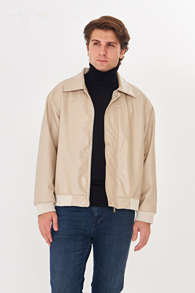 GAREN Leather Men's Zippered Jacket Coat Overcoat