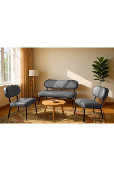 Azra Mobilya Luna Modern Deri Koltuk Takımı | Bekleme Koltuğu | Ofis Koltuk Takımı | GRİ