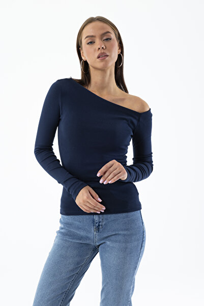 GİYSA Bluză de bază cu mânecă lungă cu guler asimetric pentru femei, albastru...