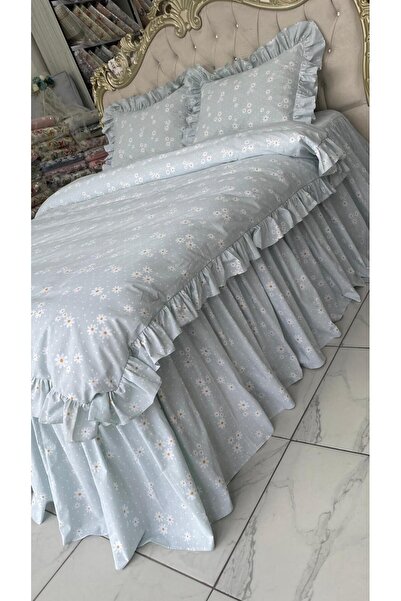 AHSEN TASARIM ملاءة مطاطية مزدوجة مقاس 160×200 سم مع حواف مكشكشة، وغطاءان للو...