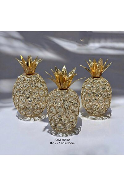 Lunara Kristal Taşlı 3 Boy Dekoratif Metal Ananas Süs 12-17-19cm