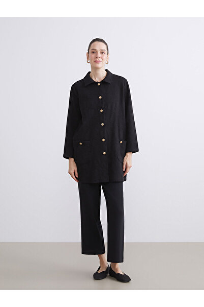 LC Waikiki Siyah Gömlek Yaka Desenli Kadın Hırka