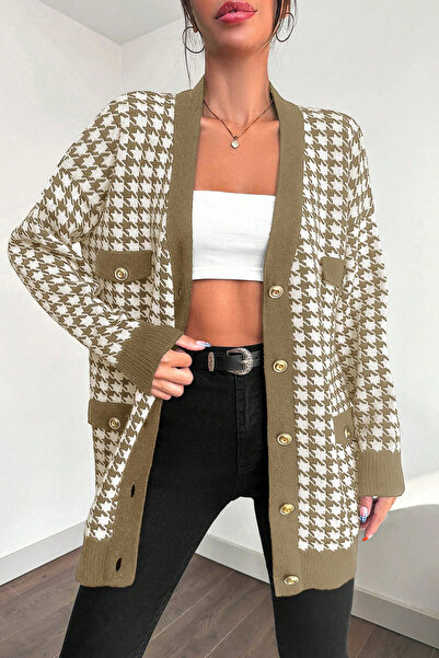 H&E LUXURY DESIGN Women's Stylish Houndstooth Pattern Soft Textured Oversize Buttoned Cardigan