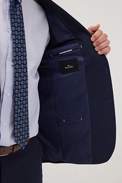 Tudors Erkek Slim Fit Mono Yaka Likralı Esnek Kumaş Lacivert Takım Elbise