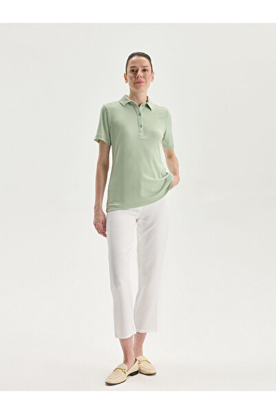 LC Waikiki Khaki Polo Neck Textured Women's T-Shirt