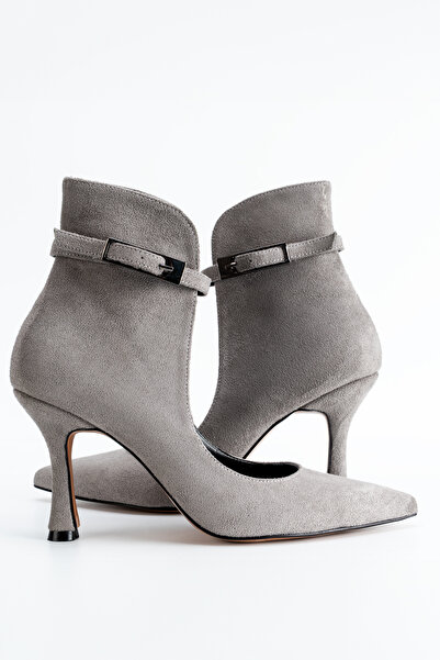 Yel'iz Shoes&Slipper Topuklu Gri Süet Kadın Açık Bot Bilekten Ayarlanabilir Tokalı Model