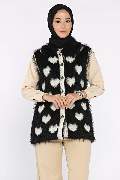 ZehraGül Vestă tricotată cu barbă de inimă pentru femei negre (potrivită pentru mărimea S-M-L)