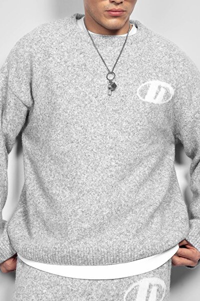 ablukaonline Men's Oversize Boxy Fit Logo Detailed Furry Sweater Gray