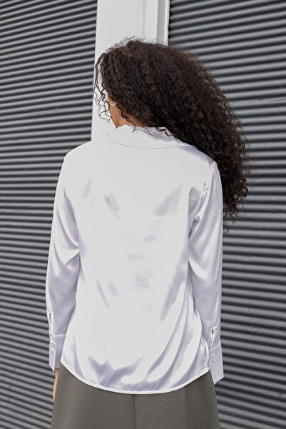 Jument Women's Silky Textured Collared Long Sleeve Shirt - Cream