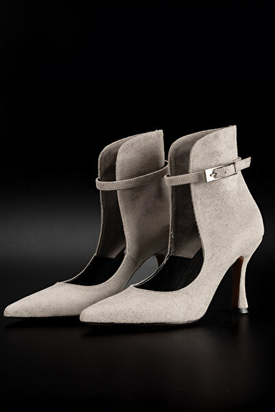 Yel'iz Shoes&Slipper Topuklu Gri Süet Kadın Açık Bot Bilekten Ayarlanabilir Tokalı Model