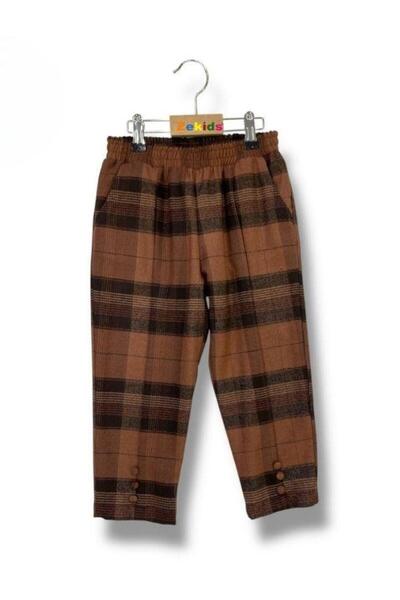 Zekids Girls' Plaid Buttoned Trousers with Elastic Waist