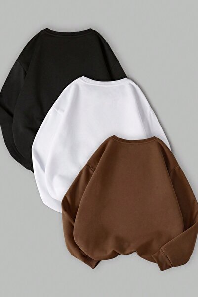 MODAGEN Unisex 3'lü Kahve Beyaz Siyah Bisiklet Yaka Oversize Sweatshirt