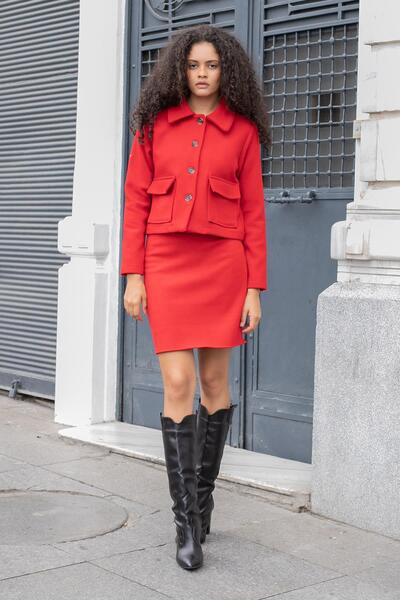 Jument Women's Lightweight Flexible Winter Cashmere Collar Pocketed Long Sleeve Short Blazer Jacket Coat-Red