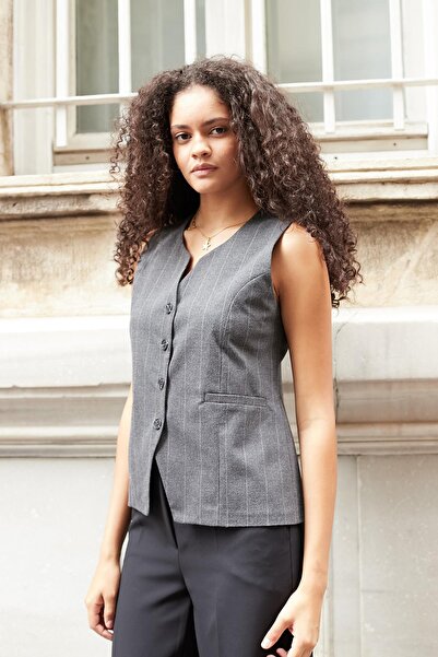 Jument Women's Striped Plaid Flato Pocketed Buttoned Lightweight Stretchy Fabric Vest-Anthracite Thick Line