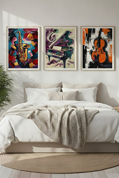 Tontilika Saksafon Piyano Çello 3’lü Müzik Temalı Ahşap Çerçeveli Tablo Seti