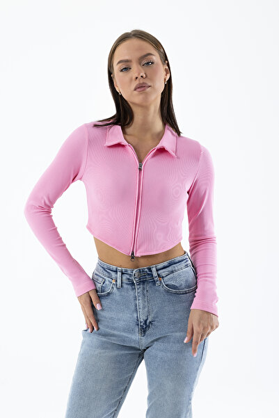 GİYSA Kadın Polo Yaka Çift Fermuarlı Crop Sweatshirt Pembe - 26K 1785