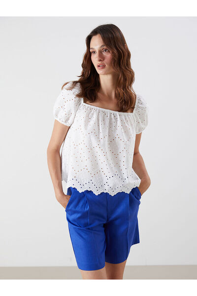 LC Waikiki Ecru Square Neck Openwork Balloon Sleeve Embroidered Blouse