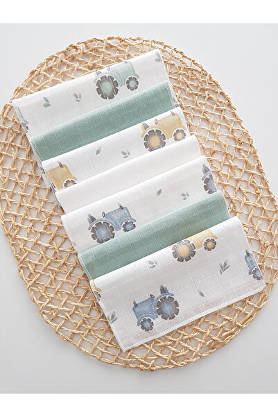 artıbebe 7-Piece Muslin Mouth Cloth with Tractor Pattern, 100% Cotton, Soft and Absorbent |   Newborn Mouth Wipes