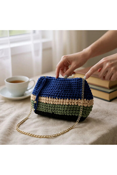 maia Navy Blue Striped Hand-Knitted Chain Strap Shoulder Bag – Stylish and Co...