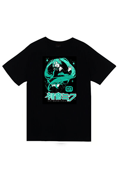 fame-stoned Tricou unisex 100% bumbac negru cu imprimeu anime Hatsune Miku