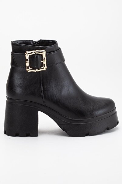Dilimler Ayakkabı Siyah Kadın Platform Topuklu Bot Tokalı Suni Deri