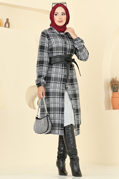 ModaMerve Gömlek Yaka Ekose Tunik 3062KTR750-MS Desen2 Siyah