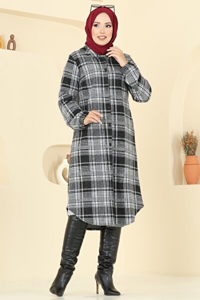 ModaMerve Gömlek Yaka Ekose Tunik 3062KTR750-MS Desen2 Siyah